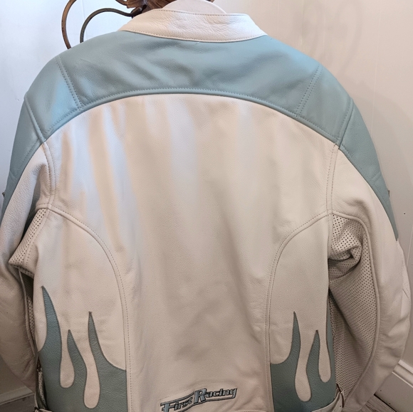Womens Leather Jacket Fitted First Racing Vintage Powder Blue Y2K Size XXL - Picture 3 of 7